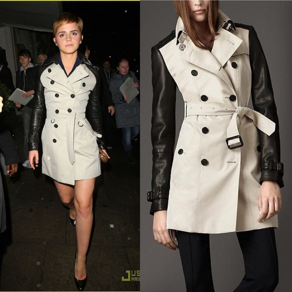 Burberry Patent Leather Sleeve Gabardine Trench Coat Black Tan US 4 - Picture 12 of 12